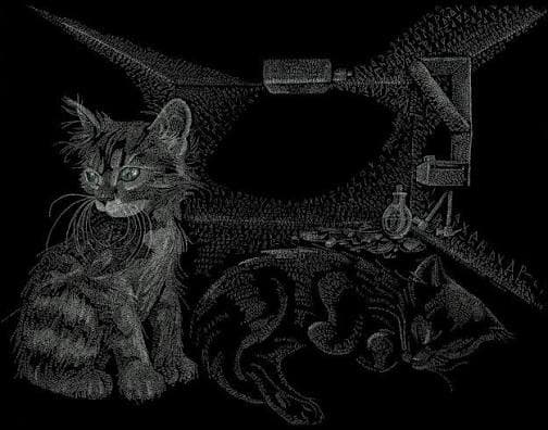 Scratchboard drawing: a wide-eyed kitten sitting beside a curled, sleeping cat, an apparatus and a flask etched behind them